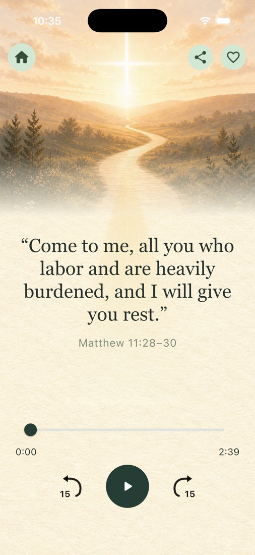WWJS prayer player showing Matthew 11:28–30 with audio playback controls