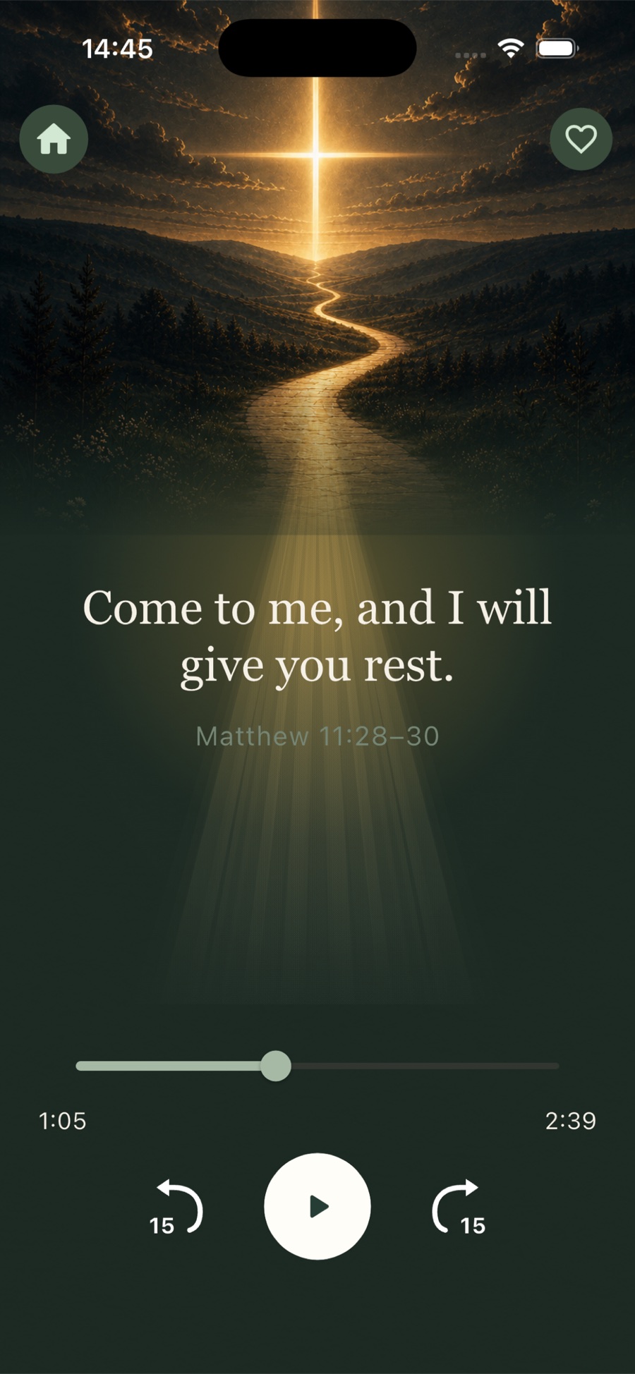 WWJS prayer player showing Matthew 11:28–30 with audio playback controls